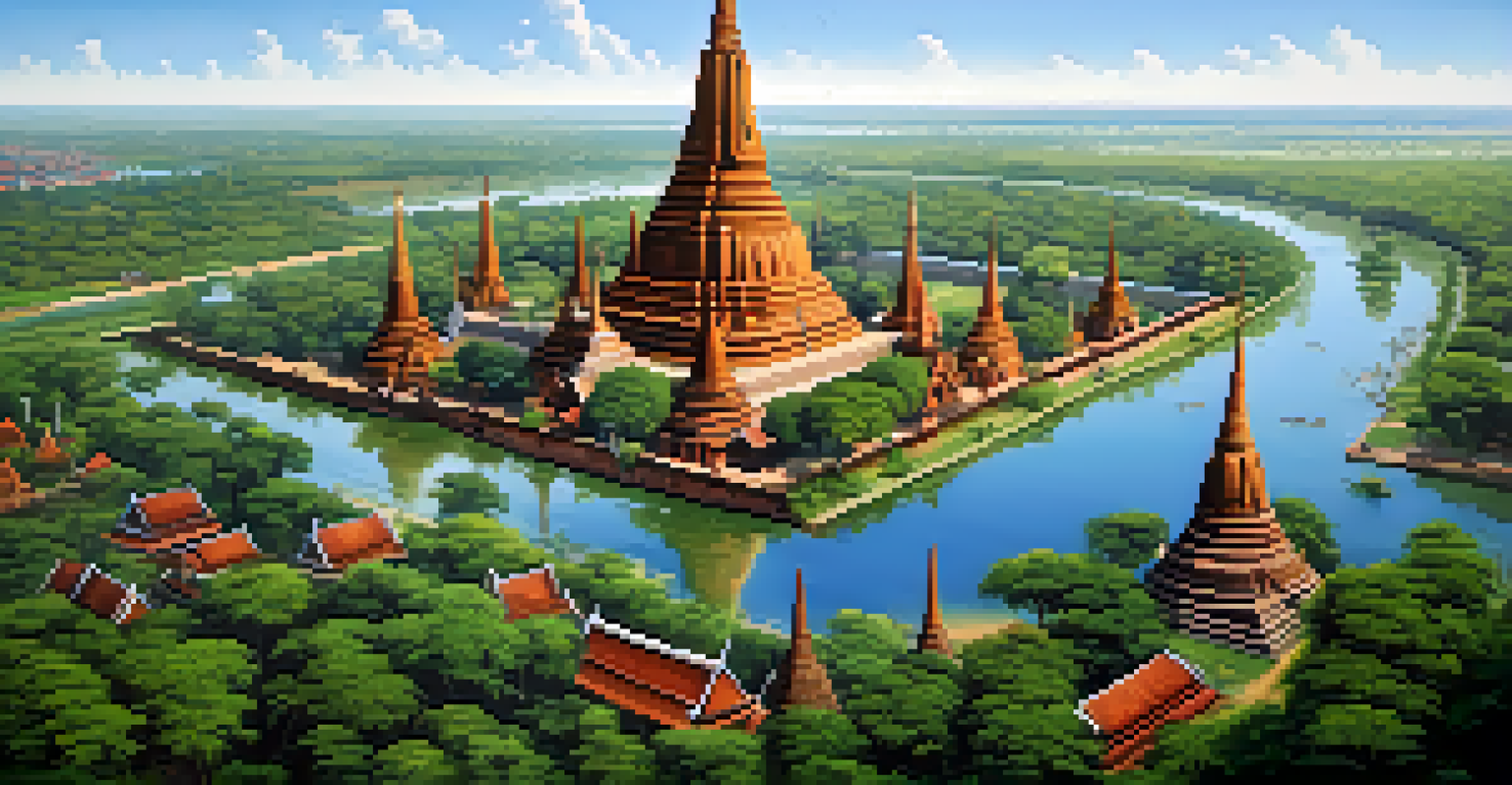 An aerial view of Ayutthaya showcasing ancient temple ruins and waterways under a clear blue sky.