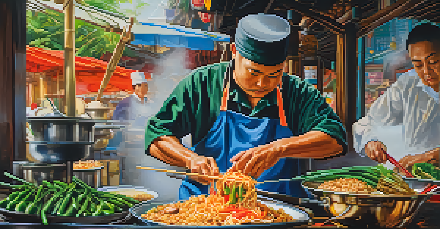A close-up view of a vendor cooking Pad Thai in a wok, highlighting colorful ingredients and the cooking process.