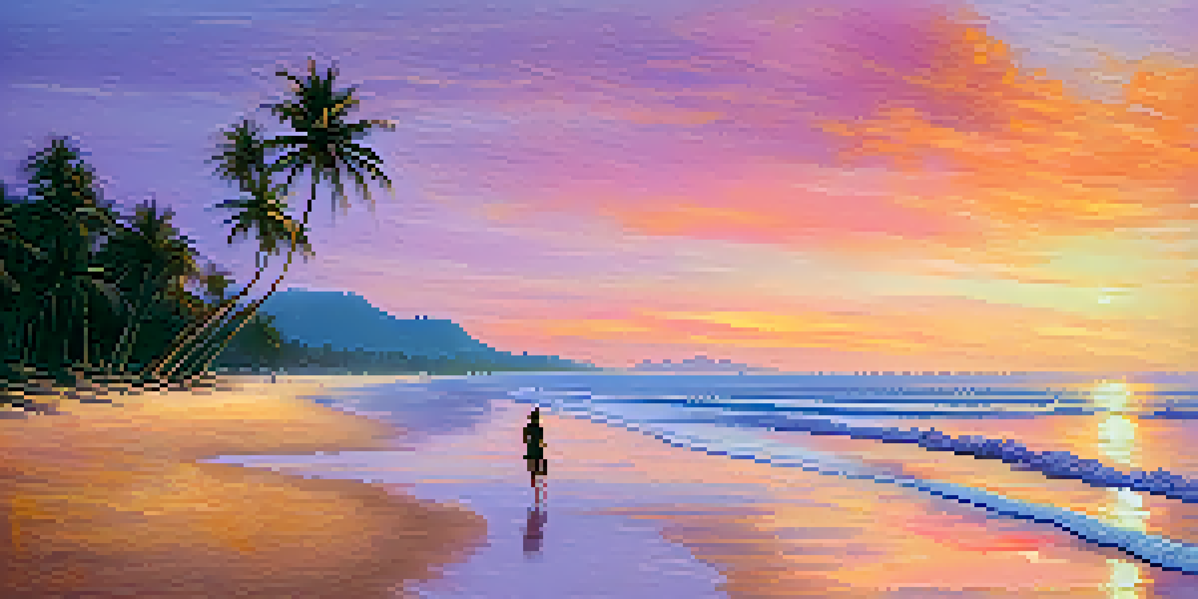 A beautiful sunset over the beach with palm trees and a couple sitting in the sand.