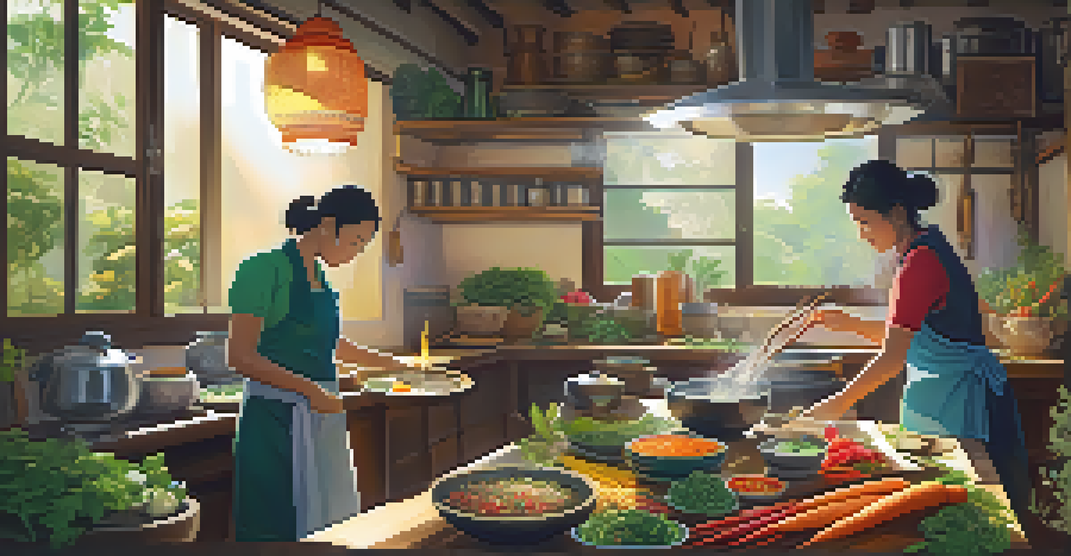 A host and a guest cooking traditional Thai dishes in a colorful kitchen, with fresh ingredients and sunlight streaming in.