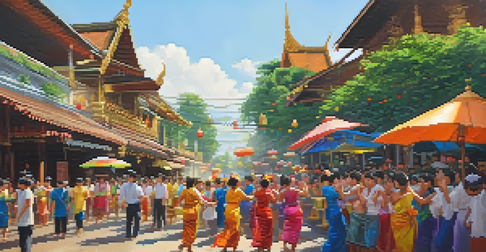A lively Songkran festival parade in Chiang Mai, showcasing traditional dancers and families engaging in water pouring, set against a backdrop of greenery and temples.