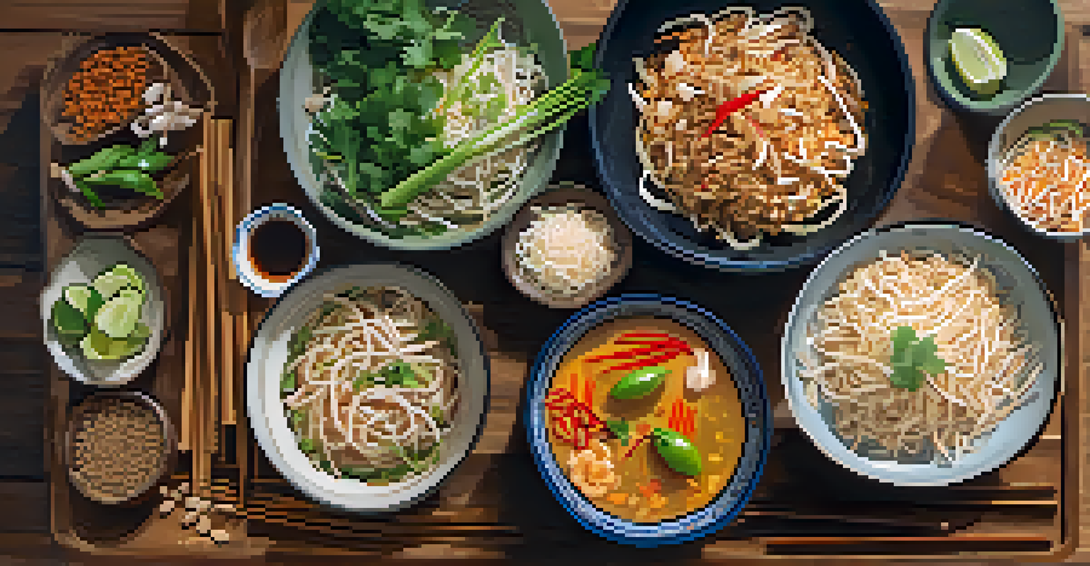 Key ingredients for Pad Thai displayed on a wooden countertop, including rice noodles and tamarind paste.