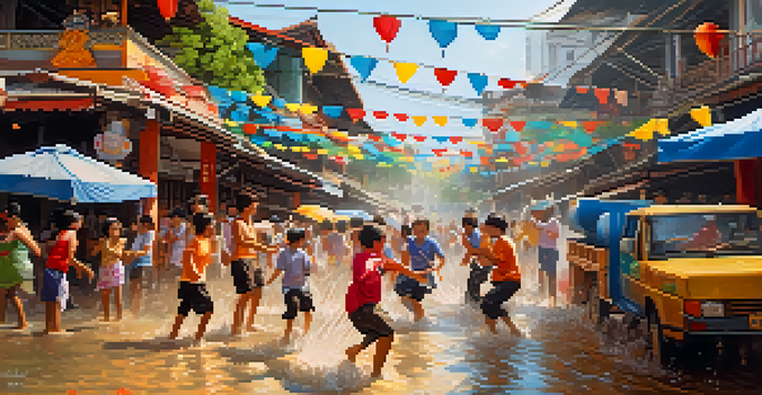 A lively scene from Songkran Festival in Thailand, with people of all ages having water fights and colorful decorations in the background.