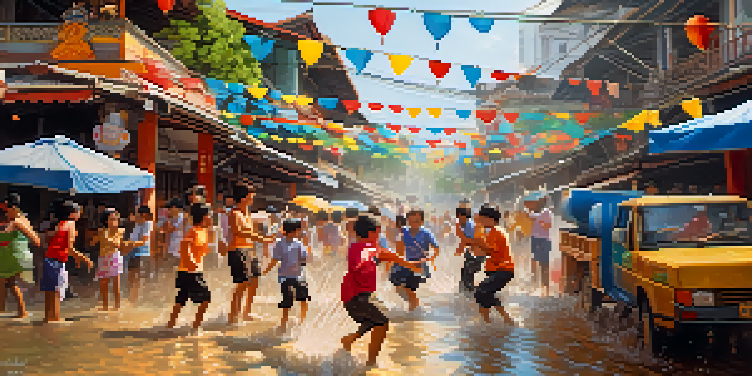A lively scene from Songkran Festival in Thailand, with people of all ages having water fights and colorful decorations in the background.