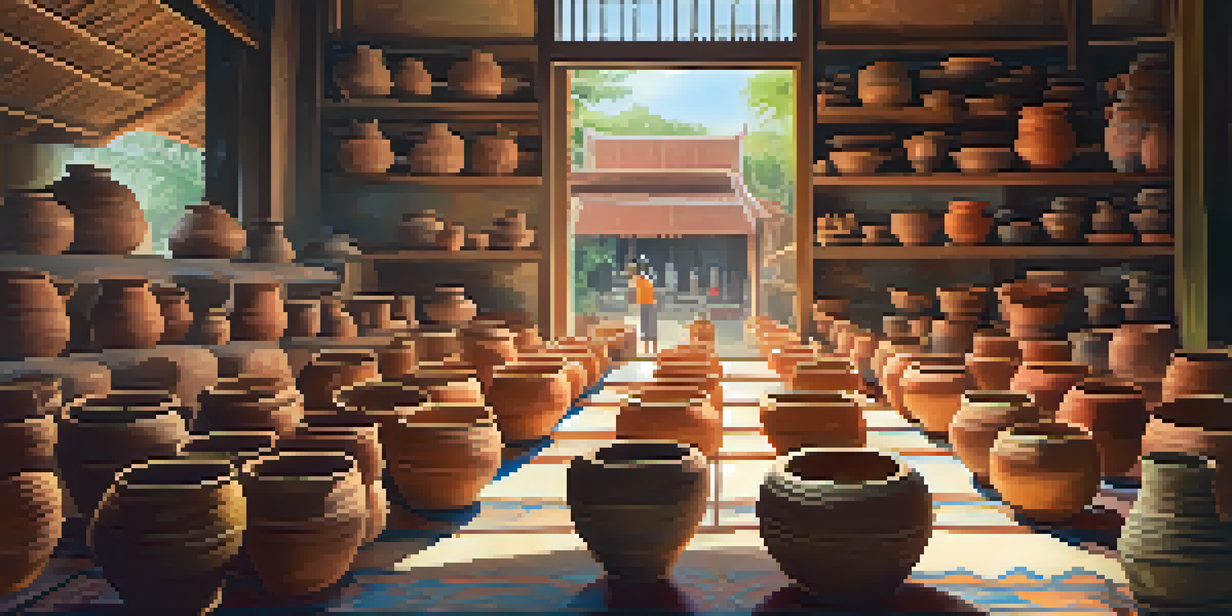 A pottery workshop in Thailand with artisans shaping colorful clay pots under natural light.