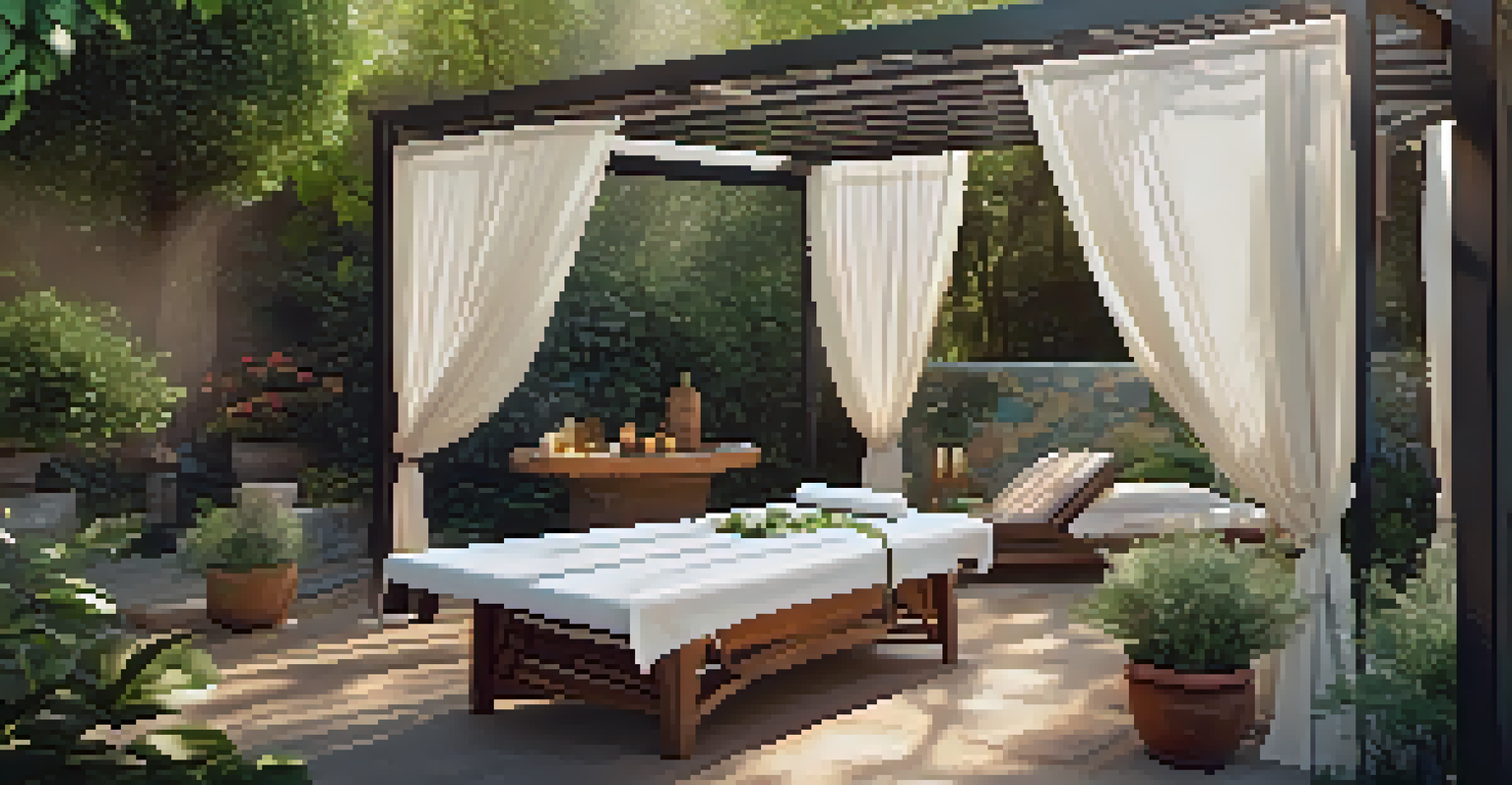 An outdoor massage table under trees, adorned with essential oils and fresh herbs, in a beautiful natural setting.