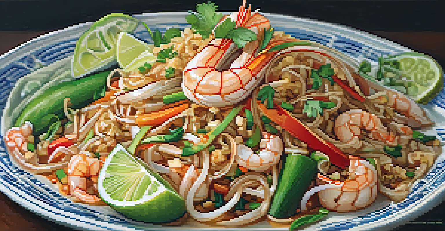 A close-up view of a colorful Pad Thai dish on a traditional plate, showcasing vibrant ingredients and textures.