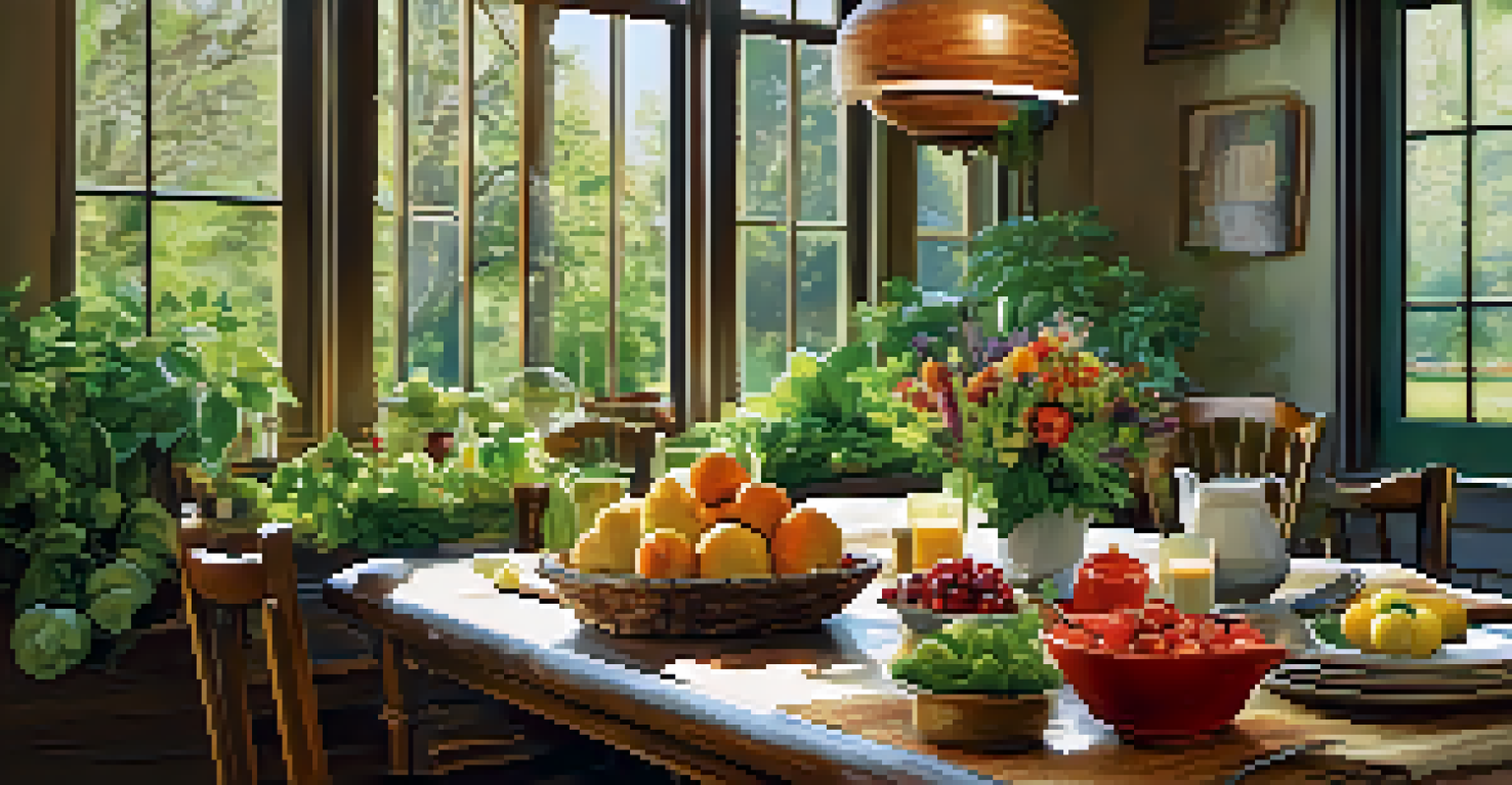 A rustic dining table set with healthy, colorful meals and surrounded by greenery, illuminated by natural light.