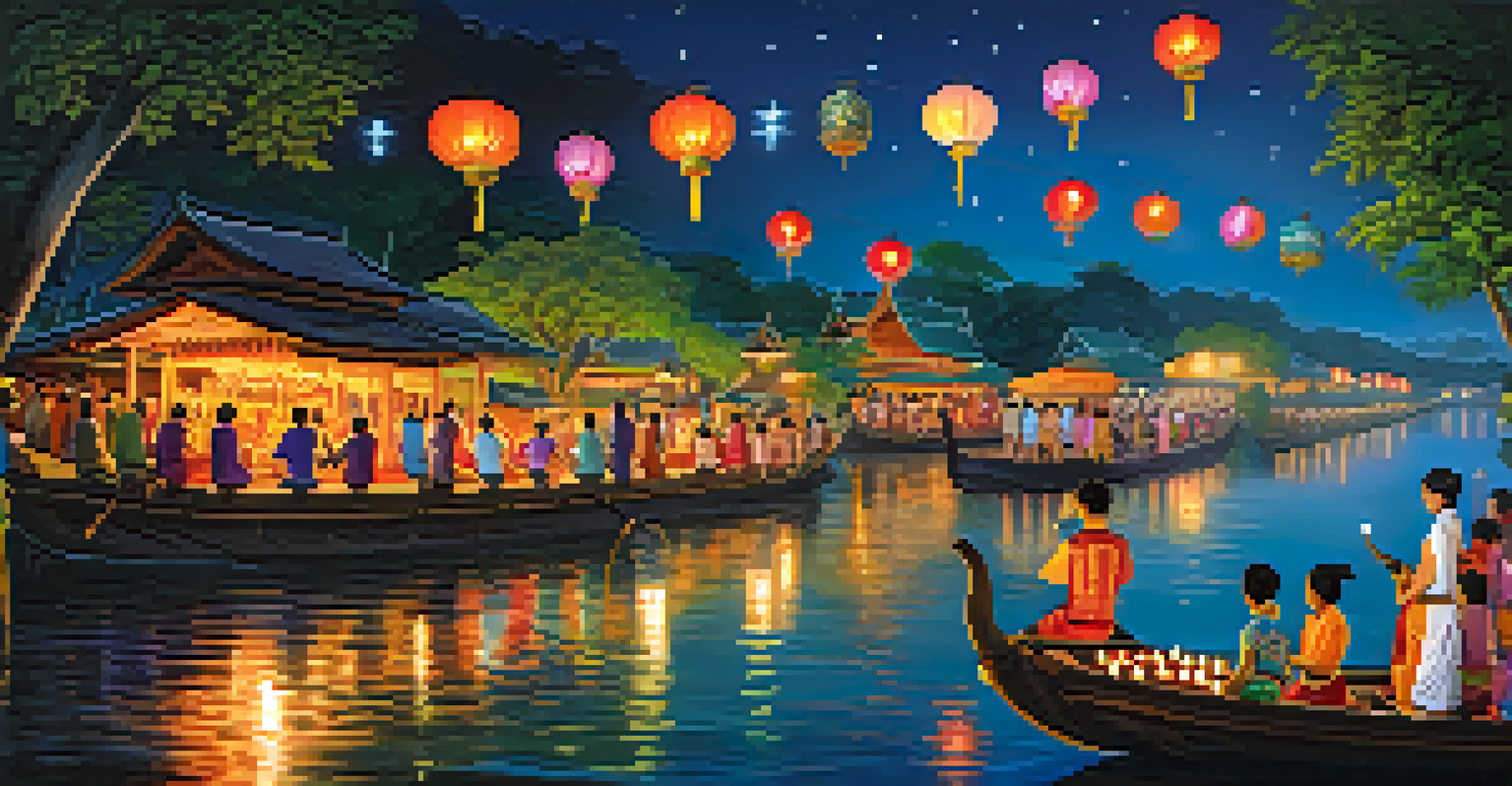 A vibrant traditional Thai festival scene during Loy Krathong, with colorful lanterns, people celebrating by a river, and floating candles in the night sky.
