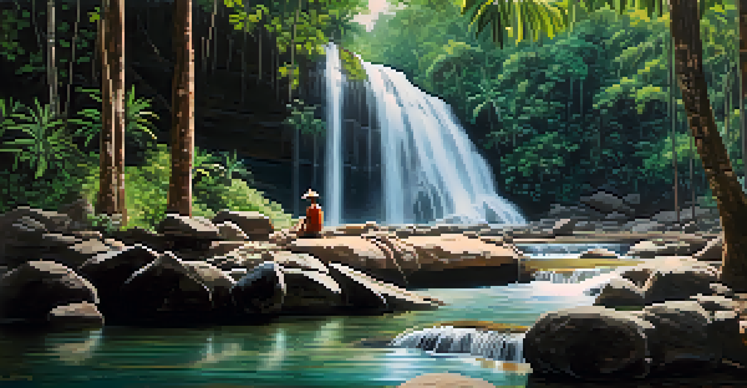 A hidden Klong Phanom Waterfall scene with a person sitting by the tranquil pool surrounded by dense jungle.