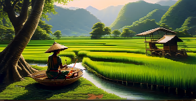 A peaceful scene with northern Thai musicians playing traditional instruments in a green mountainous landscape bathed in soft sunlight.