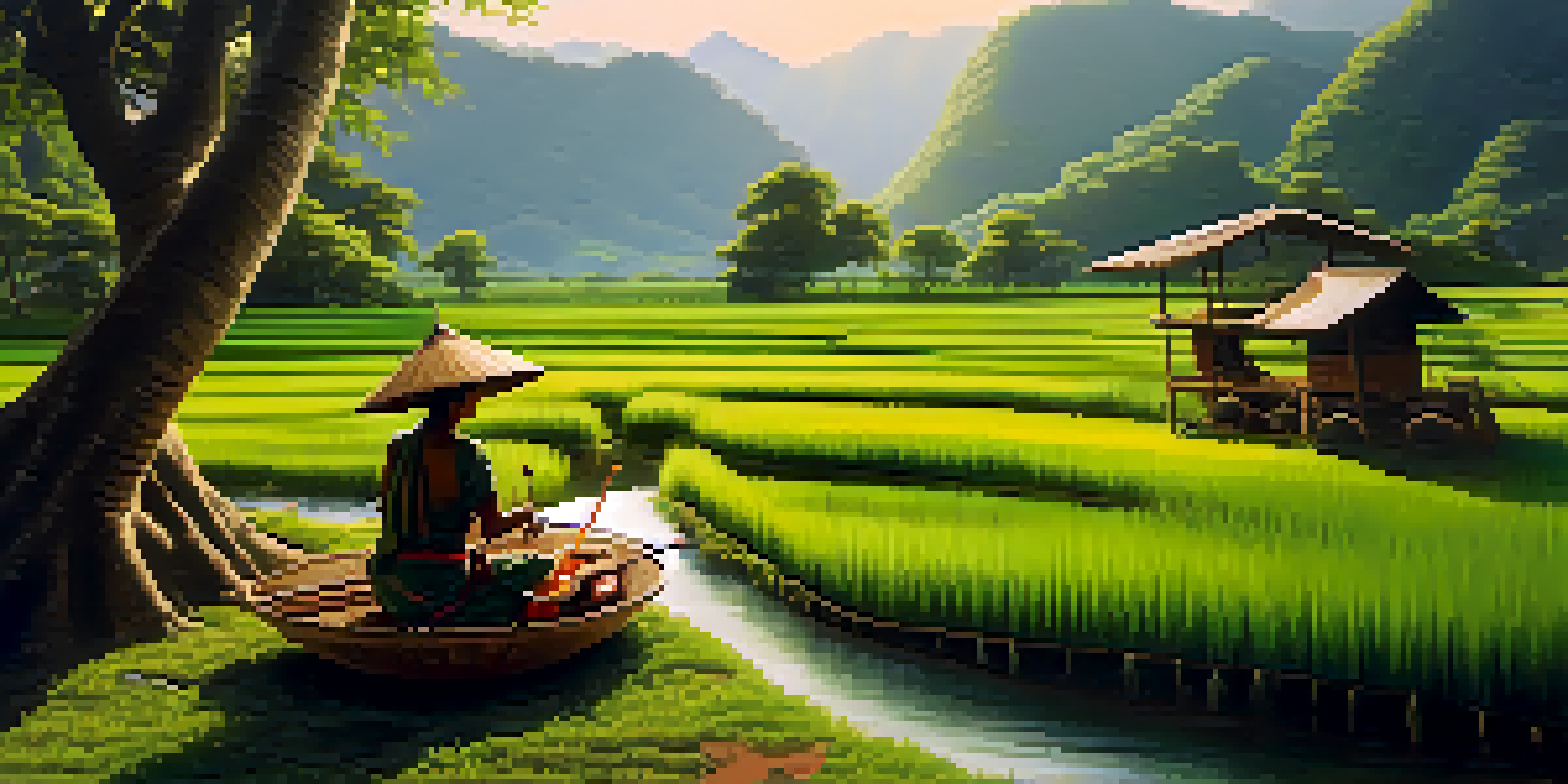 A peaceful scene with northern Thai musicians playing traditional instruments in a green mountainous landscape bathed in soft sunlight.