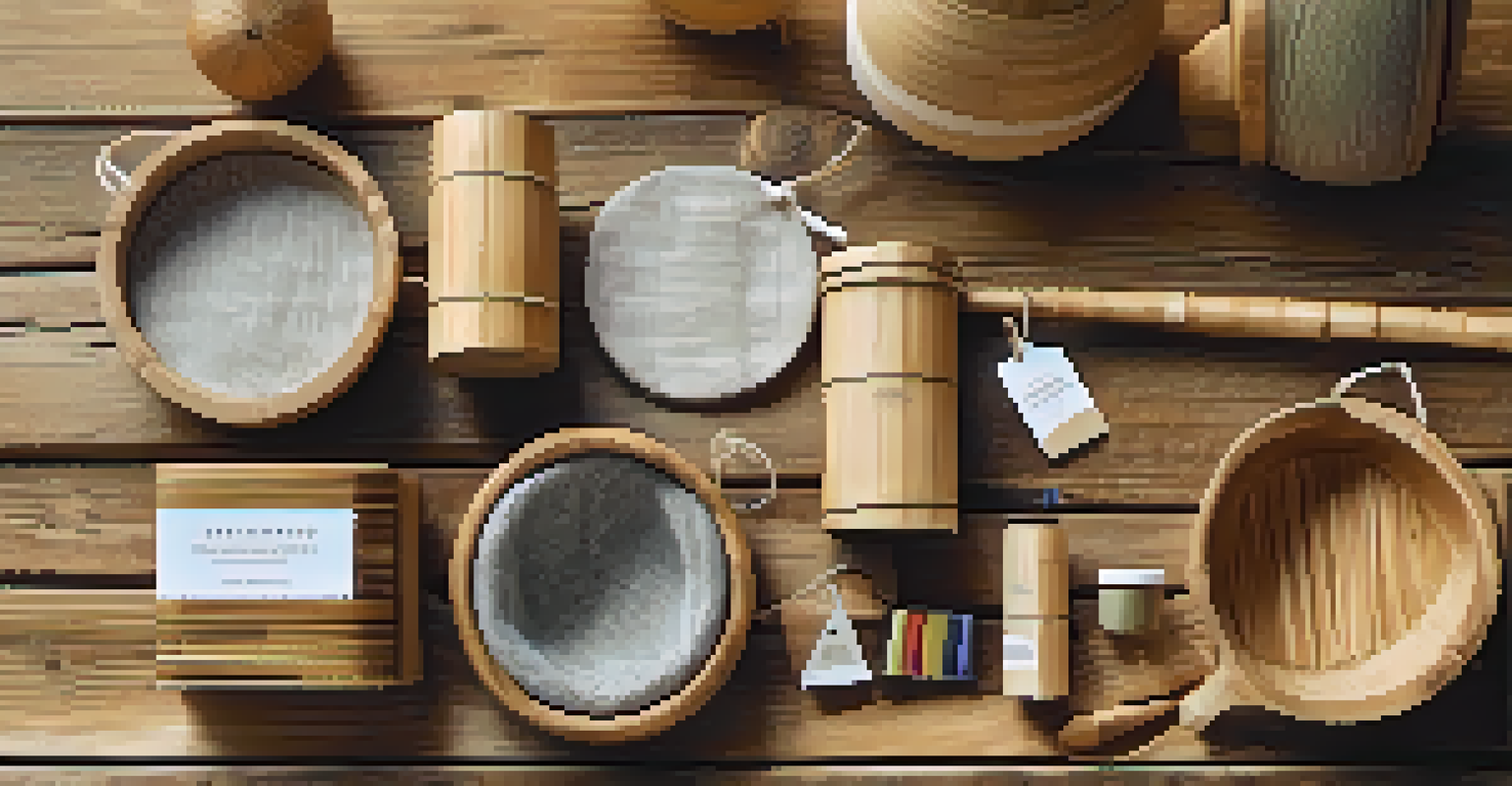 A collection of eco-friendly products made from bamboo and recycled fabrics displayed on a rustic table, showcasing their unique designs.