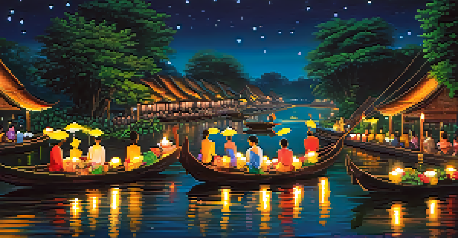 A peaceful scene of the Loy Krathong festival at night, with floating baskets illuminated on the water and a starry sky above.