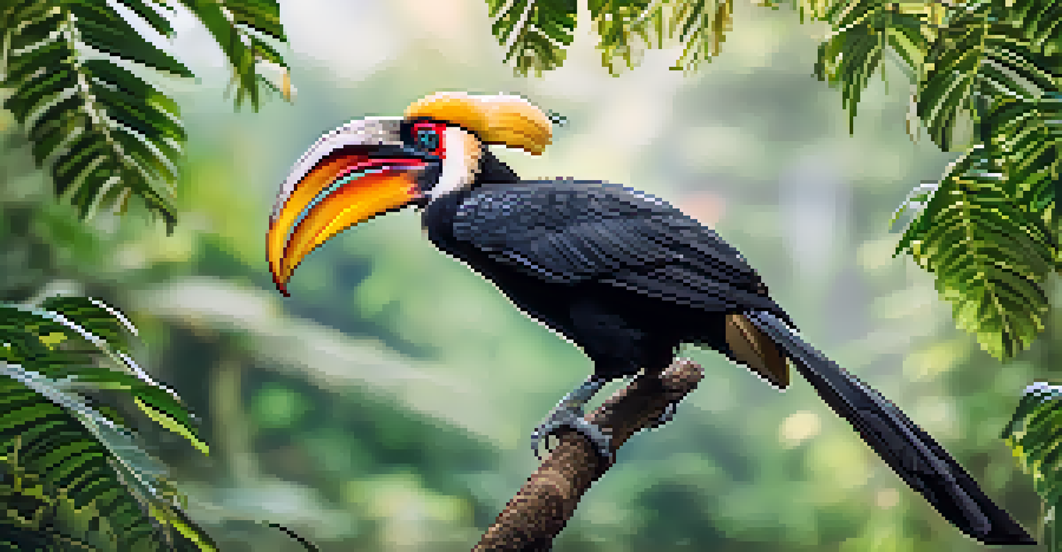 A close-up of a hornbill bird on a branch, highlighting its colorful feathers and large beak against a blurred green background.