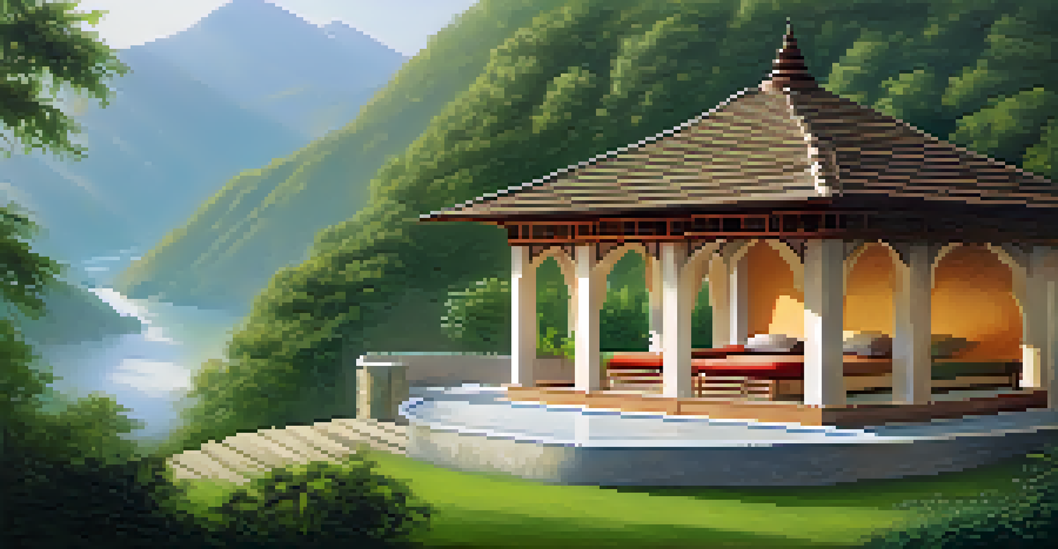 A beautiful open-air yoga pavilion with mountain views, surrounded by greenery and mist.