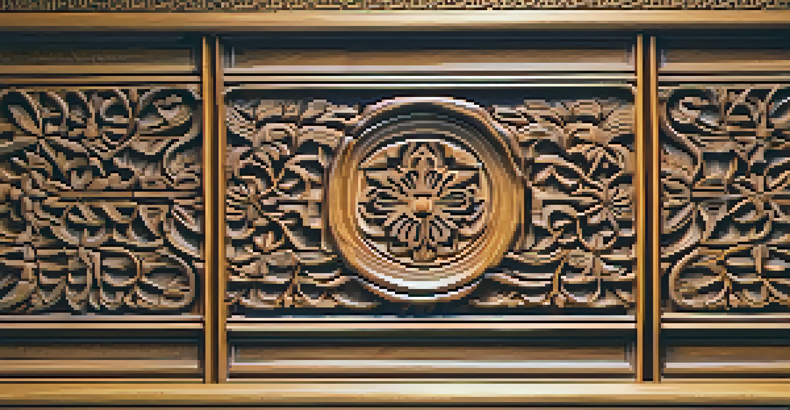A close-up of a wooden panel with intricate floral and geometric carvings, highlighting the textures and details, softly lit to emphasize its beauty.