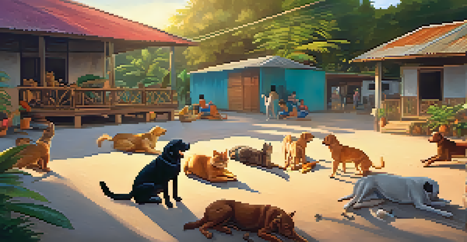 Volunteers caring for stray dogs and cats in a cozy outdoor area of Koh Chang Animal Sanctuary, with a warm sunset in the background.