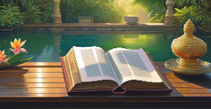 An ancient book on a wooden table in a lush Thai garden with colorful flowers and a tranquil water feature, bathed in golden sunlight.