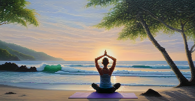 A person practicing yoga at sunrise on a beach, surrounded by greenery and ocean waves under a pastel sky.