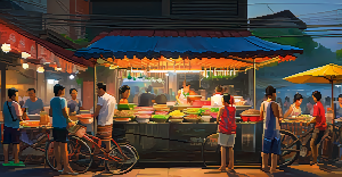 A lively Bangkok street filled with food stalls, vendors cooking, and people enjoying meals under warm lights.