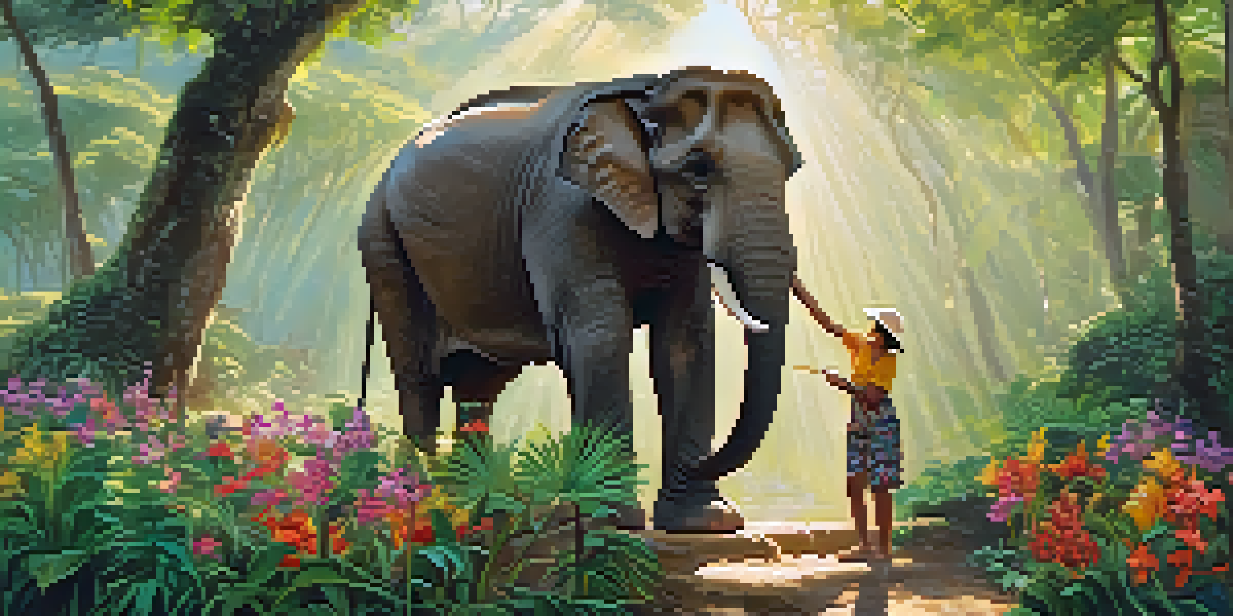 A lush wildlife sanctuary in Thailand with a volunteer feeding a gentle elephant under soft sunlight.