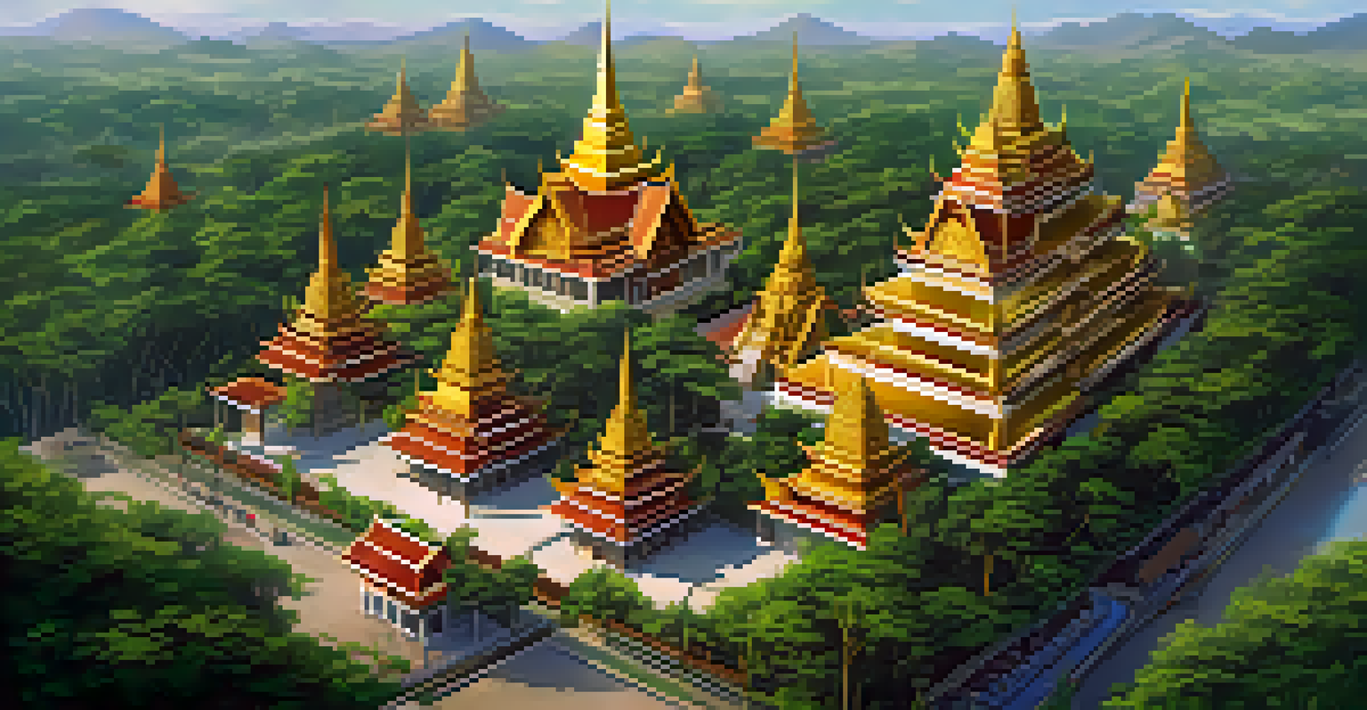 An aerial view of an ancient Thai temple complex with golden spires, surrounded by greenery and locals engaged in conservation activities.