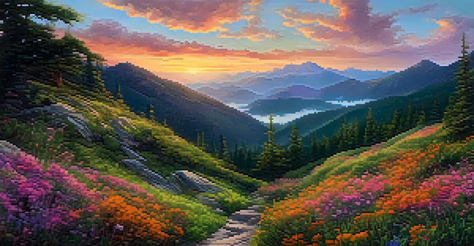 A scenic mountain landscape at sunrise with a hiking trail and colorful wildflowers.