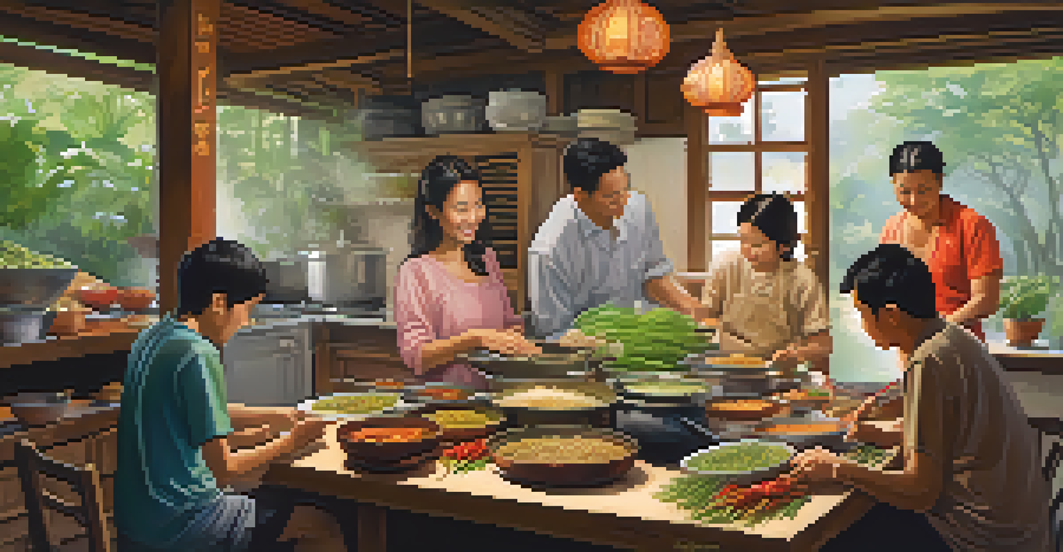 A family cooking together in a kitchen, preparing Thai dishes with fresh ingredients.