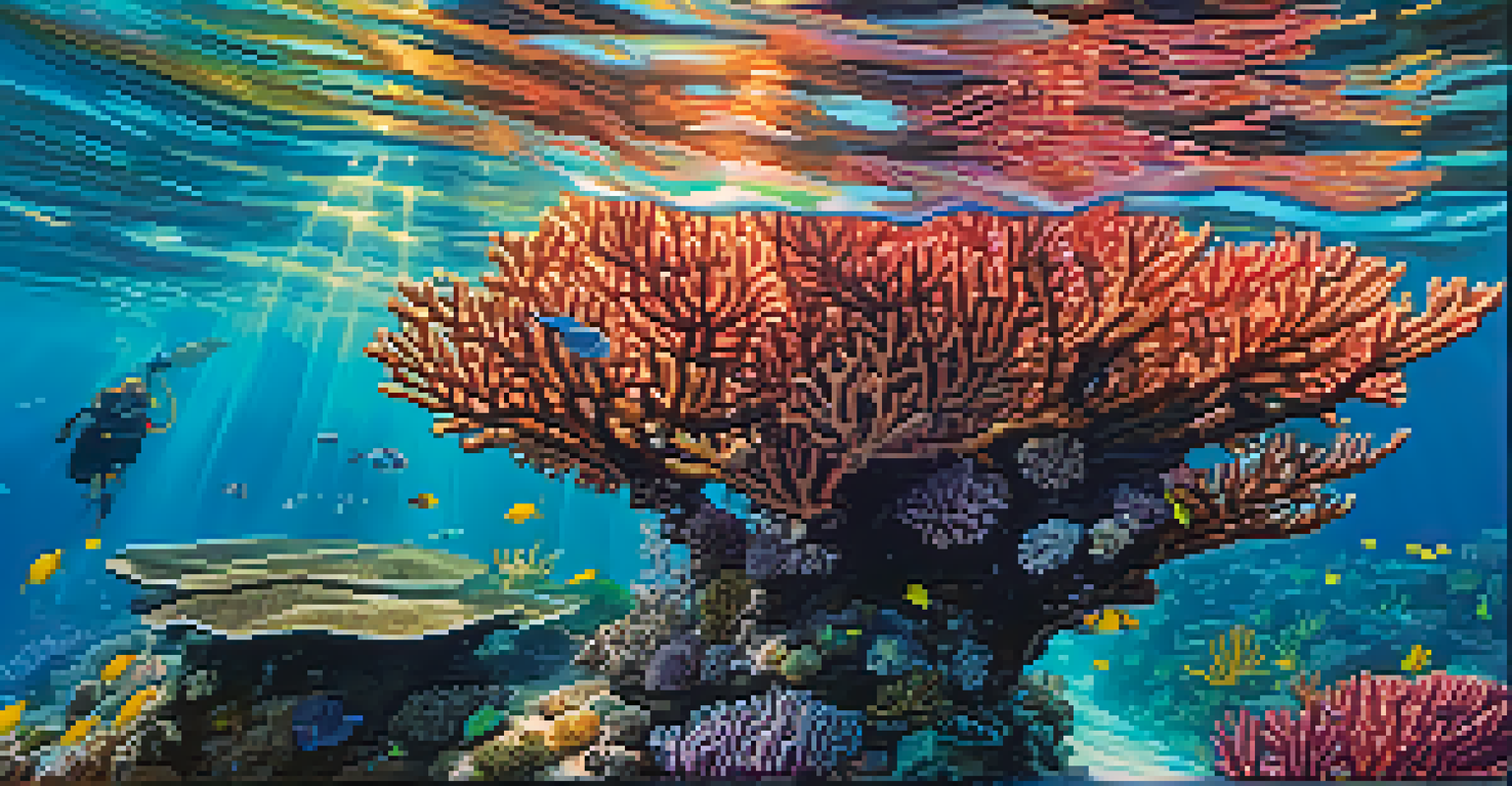 An underwater coral reef bustling with marine life, illuminated by sunlight, with a volunteer working on coral restoration in the background.