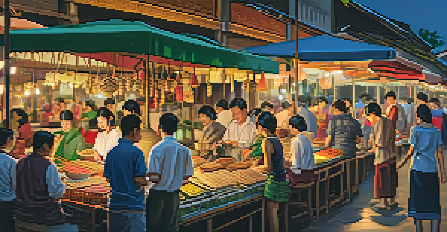A vibrant night market in Chiang Mai with glowing lights, artisans displaying crafts, and visitors enjoying street food.