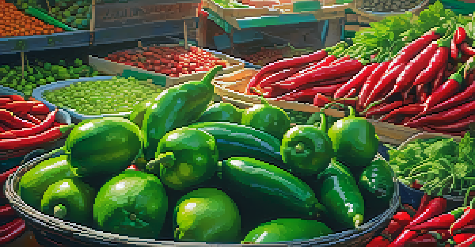 A close-up view of a Thai market stall filled with fresh produce like chili peppers, limes, and herbs, illuminated by warm sunlight.