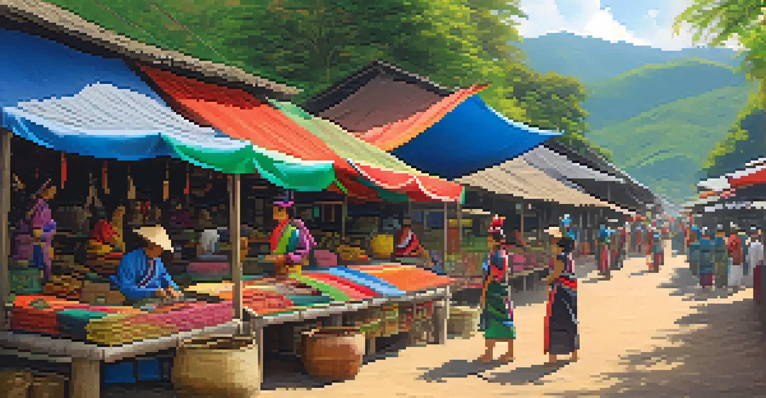 A peaceful hill tribe market in Chiang Rai with artisans displaying traditional crafts and beautiful textiles.