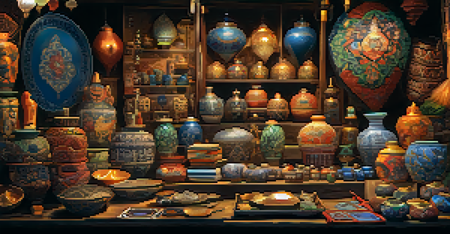 A collection of unique souvenirs at a night market stall, featuring hand-painted ceramics, jewelry, and masks, showcased in a warmly lit environment.