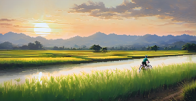 A cyclist riding through green rice paddies at sunset in Pai, Thailand.