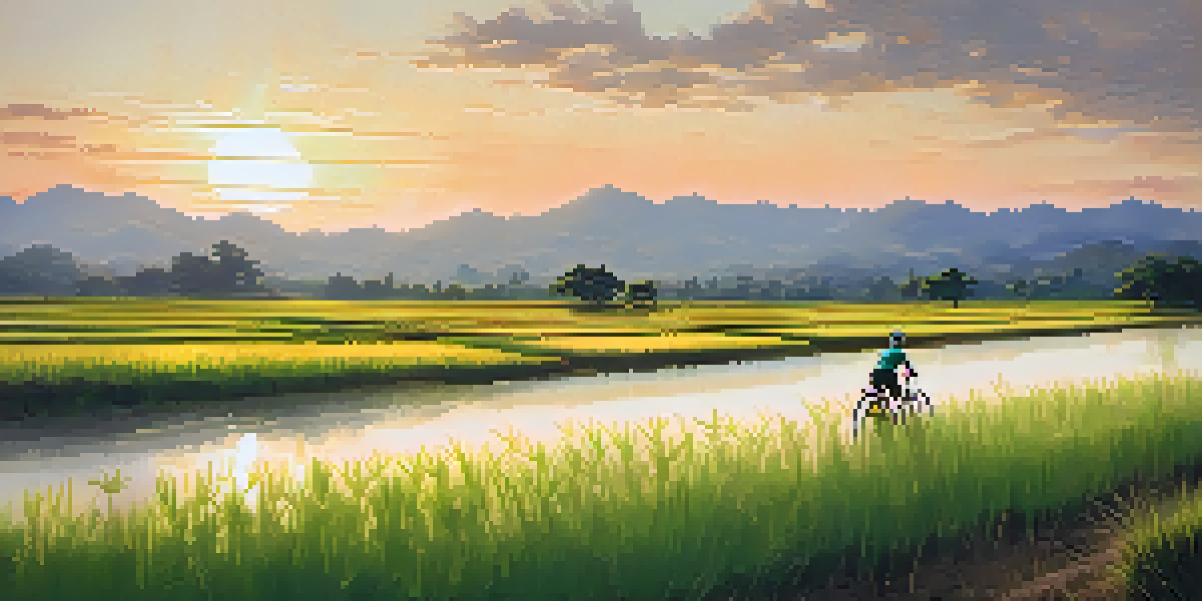 A cyclist riding through green rice paddies at sunset in Pai, Thailand.