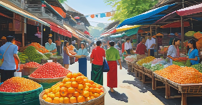 A busy Thai market with colorful stalls, fruits, and textiles, showcasing a friendly interaction between a vendor and a customer.