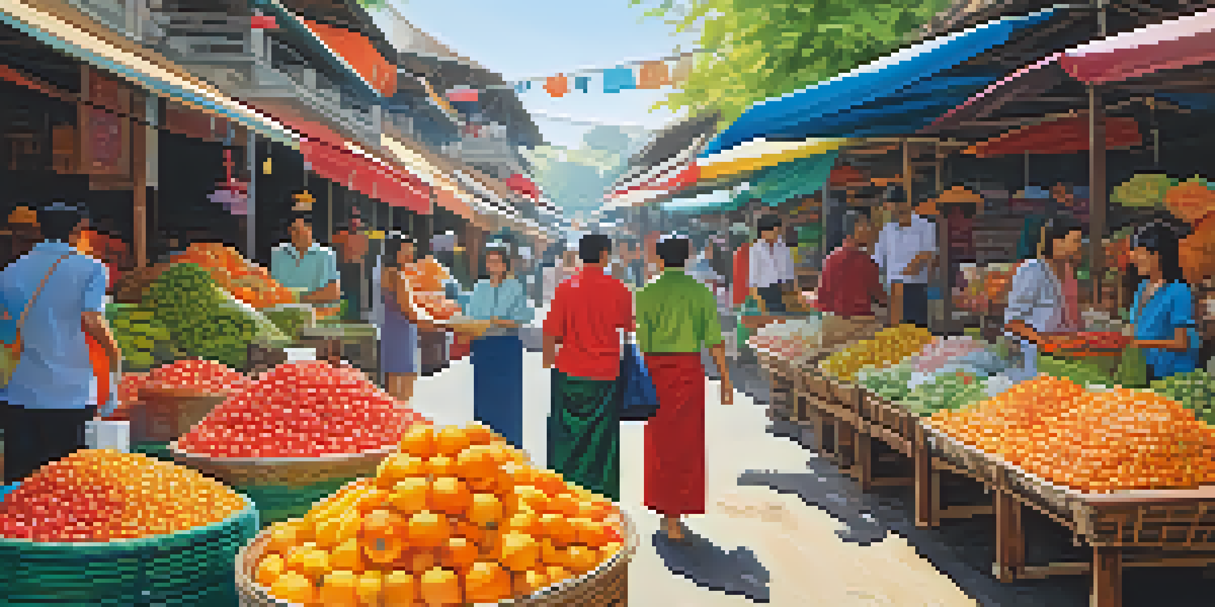 A busy Thai market with colorful stalls, fruits, and textiles, showcasing a friendly interaction between a vendor and a customer.
