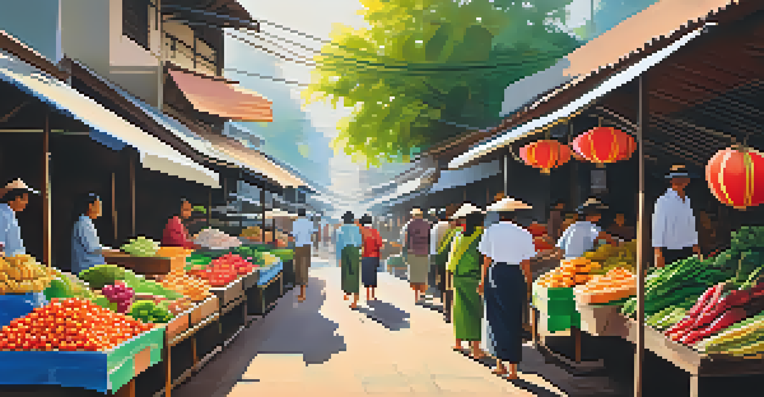 A lively local market in Thailand filled with fresh produce and handmade crafts, bustling with people.