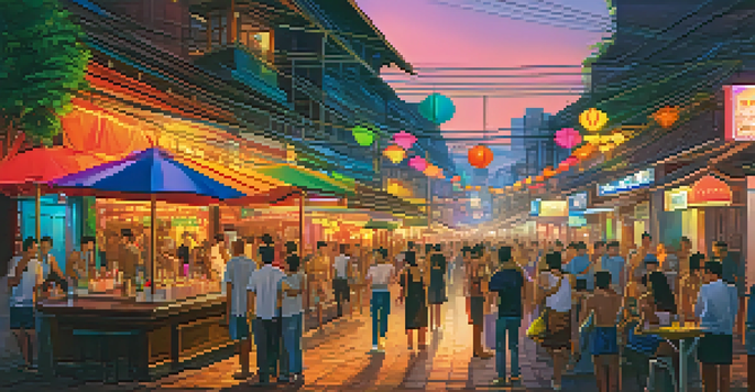 A lively LGBTQ+ bar in Bangkok with neon lights and rainbow flags, showcasing a diverse crowd and a mix of traditional and modern architecture.