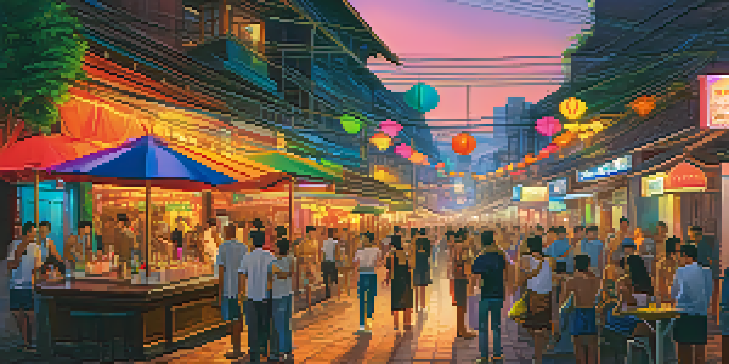 A lively LGBTQ+ bar in Bangkok with neon lights and rainbow flags, showcasing a diverse crowd and a mix of traditional and modern architecture.