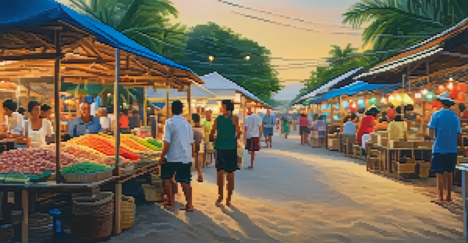 Families exploring the vibrant Fisherman’s Village market at Bophut Beach, with colorful stalls and outdoor dining.