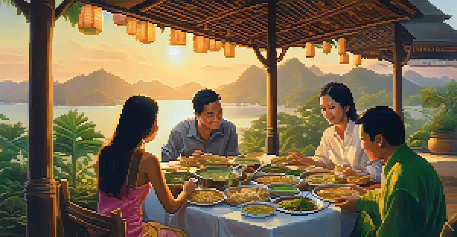 A family gathering around a table with Thai dishes, including green curry, in a warm outdoor setting during sunset.