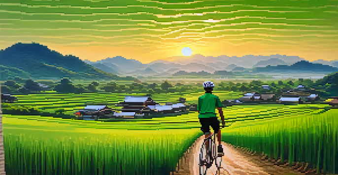 A cyclist enjoying a scenic ride through green rice fields with rolling hills and wooden houses in the background during sunset.