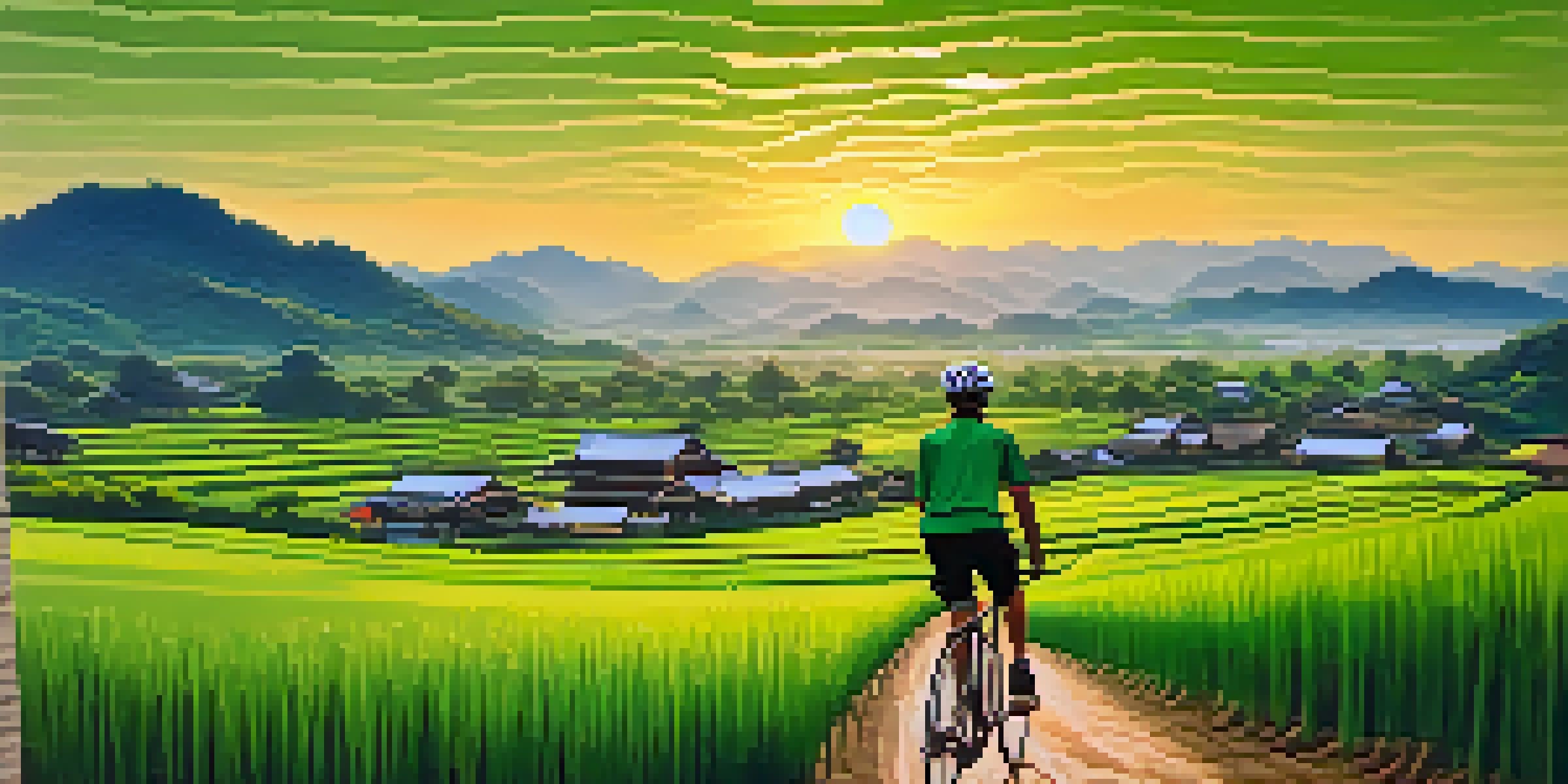 A cyclist enjoying a scenic ride through green rice fields with rolling hills and wooden houses in the background during sunset.