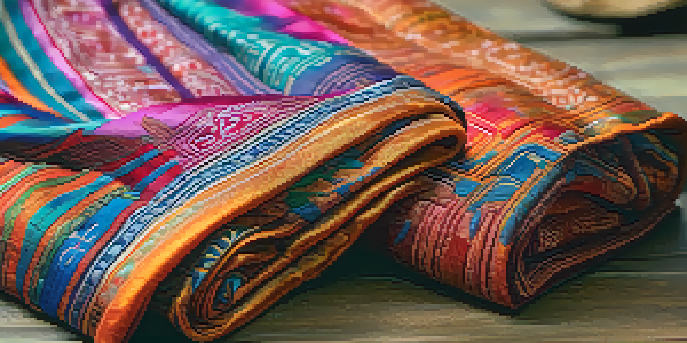 A close-up of a colorful Thai silk scarf on a wooden surface, with soft lighting highlighting its texture.
