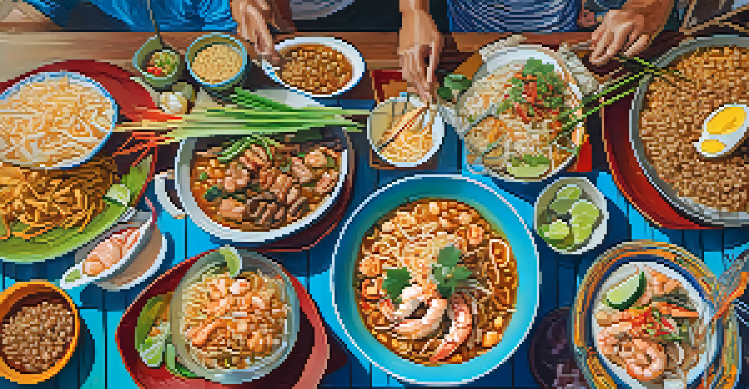 An overhead view of various traditional Thai dishes on a colorful table at a street food market.