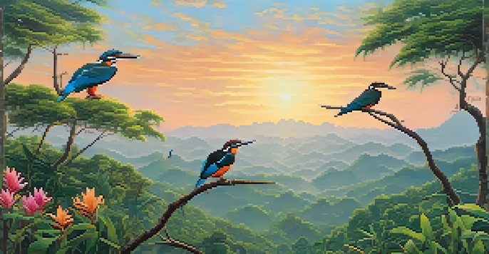 A tranquil morning in Khao Yai National Park with colorful birds and a winding trail amidst lush greenery.