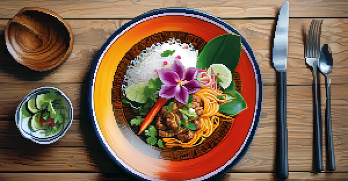 A gourmet dish inspired by Southern Thai cuisine, displayed on a rustic wooden table with elegant cutlery.