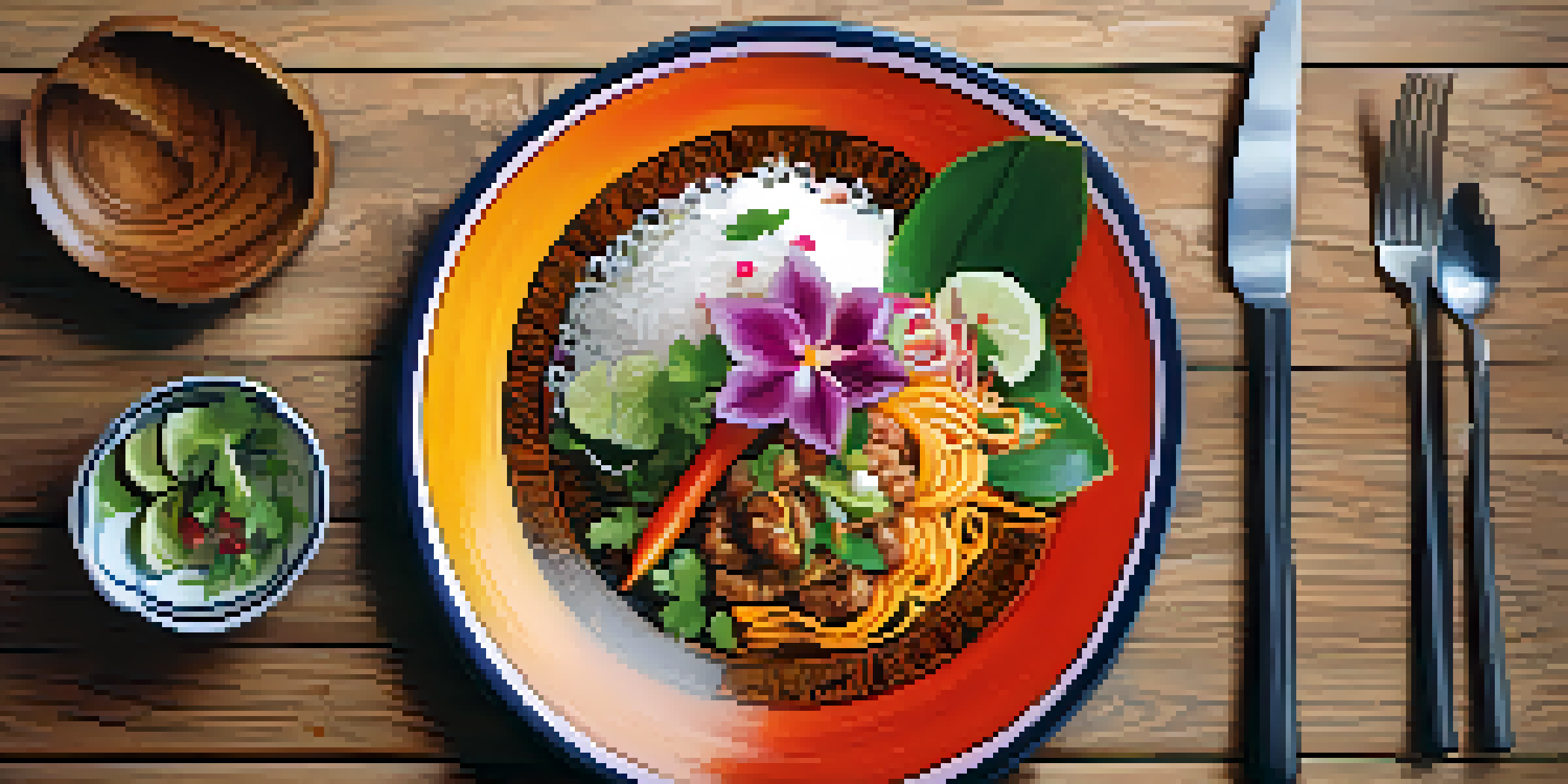 A gourmet dish inspired by Southern Thai cuisine, displayed on a rustic wooden table with elegant cutlery.
